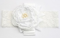 Layered Satin Flower with Pearl Centre on Lace Headband - White Photo