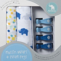 All4Ella 2 Pack Wraps & 4 Pram Pegs - Spots and Blue Elephant Photo