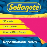 Sello-Note 250 Sheets Neon Repositionable Notes - 75 x 75mm Photo