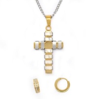Xcalibur Stainless Steel Yellow Gold Plated Cross with Stainless Steel Bar Detail On A Curb Link Chain - TXSET003 Photo