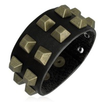 Jewelworx Genuine Black Leather With Gold Color Square Stud Snap Bracelet. Photo
