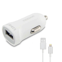 LDNIO 5V 1A Single Port Usb Car Charger With Free Lightning Iphone Data & Charging Cable - White Photo