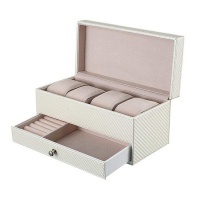 4 Slot Leather Watch Storage Box with Drawer - White Photo