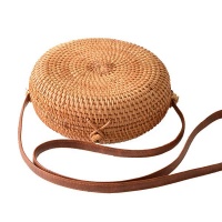 Off To Blue Hand Woven Round Rattan Bag Shoulder Leather Straps - Bali Photo