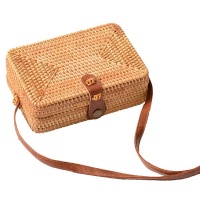 Off To Blue Hand Woven Rectangle Rattan Bag Shoulder Leather Straps - Jawa Photo