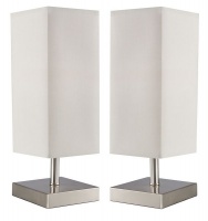 Bright Star Lighting - Twin Set of Satin Chrome Table Lamps With Beige Shade Photo