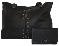 Fino Pu Leather Shoulder Bag with Studs & Purse Set - Black Photo