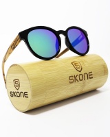 Skone Maundays Round Black UV400 Polarized Walnut Wood Sunglasses - Blue Mirrored Photo