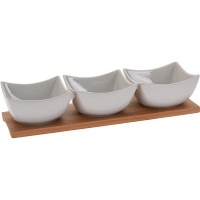 Excellence Homeware 3 pieces Porcelain Bowl Set on Bamboo Tray Photo