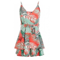 Quiz Ladies Green and Coral Tropical Print Playsuit - Green Photo
