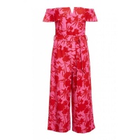 Quiz Ladies Pink and Red Bardot Frill V-Bar Culotte Jumpsuit - Pink Photo