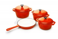 La Fermete Seven Piece Cast Iron Enamel Cookware Pot Set - Orange Photo
