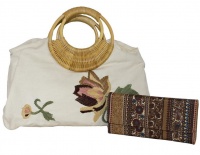 Fino Flower Stitched Canvas Bag with Bamboo Handles - Beige Photo