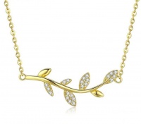 925 Sterling Silver Tree Leaves Branch Gold Color Cubic Zircon Necklace Photo