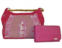 Fino Bamboo Handle Suede Bag & Purse Set - Pink Photo