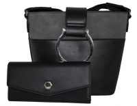 Fino Pu Leather Shoulder Bag & Purse Set- Black Photo