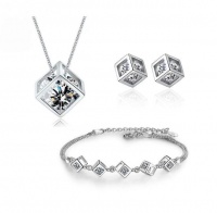 925 Sterling Silver Set Zircon Square Cube Necklace Earrings Bracelet Photo