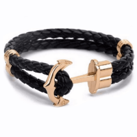 Gold Stianless Steel Anchor Bracelet - Twined Black Leather Photo