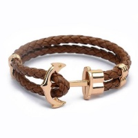 Gold Stainless Steel Anchor Bracelet - Twined Brown Leather Photo