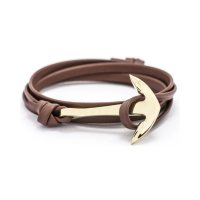 Gold Stainless Steel Anchor Bracelet - Brown Leather Photo