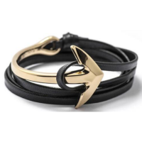 Gold Stainless Steel Anchor Bracelet - Flat Black Leather Photo