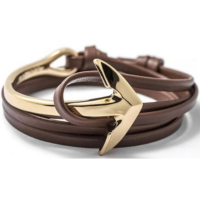 Gold Stainless Steel Anchor Bracelet - Flat Brown Leather Photo