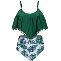 Olive Tree - Ladies Ruffled Pom Pom High Waist Swimsuit - Green Photo