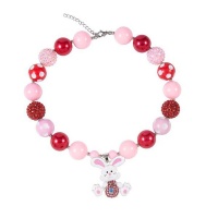 Girls Chunky Pink/Red Bubblegum Necklace with Bunny Pendant Photo