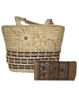 Fino Straw Beach Bag with Front Design with Purse - Beige & Brown Photo