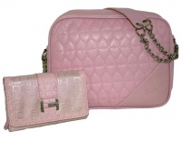 Fino Quilted Pu Leather Bag & Jacquard Purse Set - Pink Photo