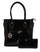 Fino Patent Pu Leather Bag & Purse Set - Black Photo