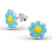 Sterling Silver amp Blue & Yellow Enamel Daisy Flower Stud Earrings Photo