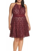 Morgan Sheer Inset Lace Fit & Flare Dress - Wine Photo
