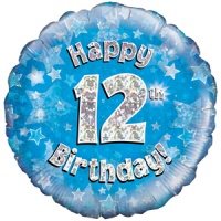 Oaktree - 18" Foil Balloon - Happy 12th Birthday - Blue Holographic Photo