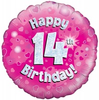 Oaktree - 18" Foil Balloon - Happy 14th Birthday - Pink Holographic Photo