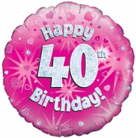 Oaktree - 18" Foil Balloon - Happy 40th Birthday - Pink Holographic Photo