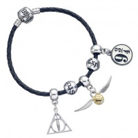 Harry Potter - Charm Set - Black Leather Bracelet/Deathly Hallows/Snitch/Platform/2 Spellbeads Photo
