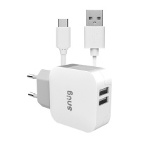 Snug 2-Port 3.4 amp Wall Charger with USB Type-C Cable - White Photo