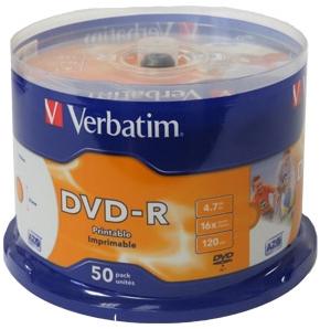 Photo of Verbatim DVD-R Wide Inkjet Printable 16x 4.7GB - 50 Pack Spindle Optical Media