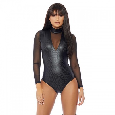 Photo of South African Importers #0804 Black Mesh Sheer Long Sleeve PU Faux Leather Bodysuit Women High Neck Sexy Club Tops PVC