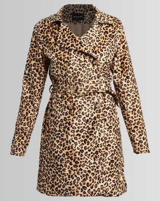 Photo of London Hub Fashion Leopard Print Belted Trench Coat Brown