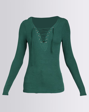 Photo of Brave Soul Long Sleeve Top With Tie Up Neck Pine Green