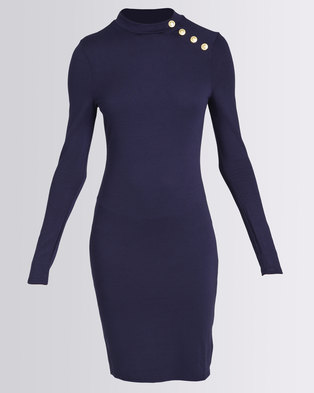Photo of Brave Soul Long Sleeve Dress With Gold Buttons Midnight Blue
