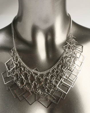 Photo of Ruby Rocks Square Detail Statement Necklace Silver-Tone
