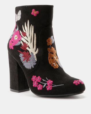 Photo of ZOOM Giselle Embroidered Block Heel Ankle Boot Black