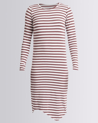 Photo of Silent Theory Stripe Long Sleeve Midi Dress Burgundy/White