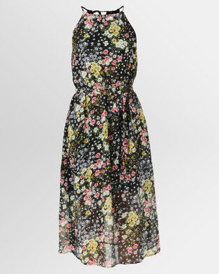Photo of New Look Floral High Neck Belted Midi Dress Black