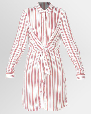 Photo of New Look Stripe Tie Front Shirt Dress Off White