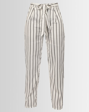 Photo of London Hub Fashion Striped Bow Belt Tapered Trousers White