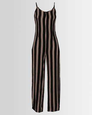 Photo of London Hub Fashion Vertical Stripe Wide Leg Jumpsuit Black/Nude